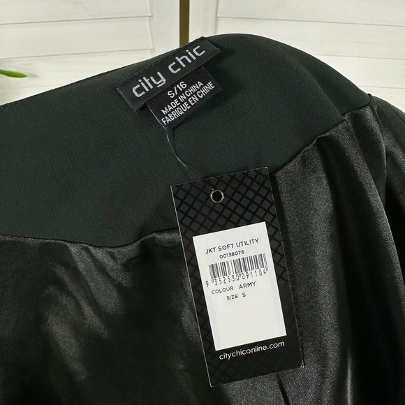 New City Chic‎ Soft Ruffled Utility Jacket Army Green Zip Up Bomber Size S / 16 - Picture 6 of 8